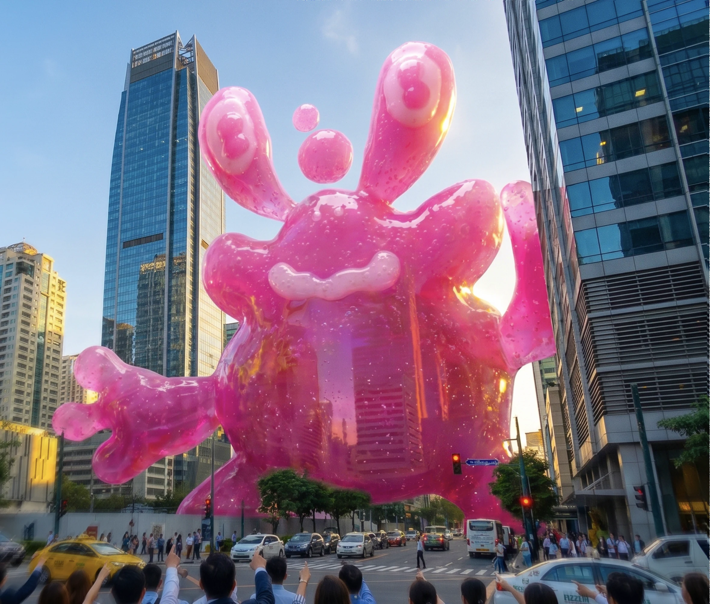 A giant pink jelly monster looming over a Makati street